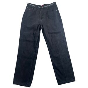 Vtg‎ 90's Tommy Hilfiger Straight Jeans Spell Out Logo Waistband Sz 12 Black